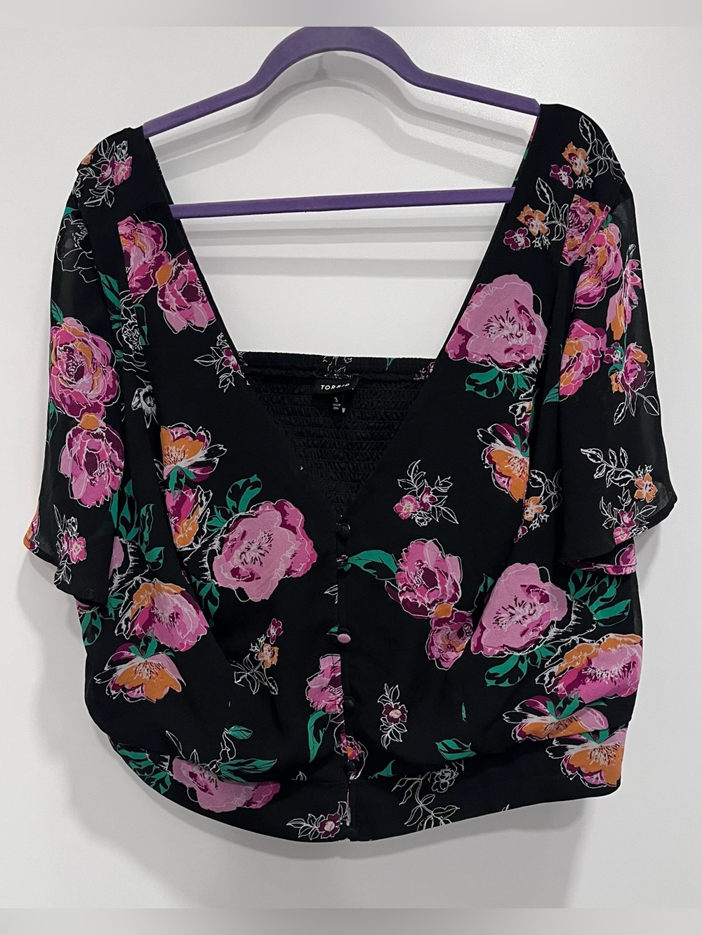 Torrid Black Floral Cropped Smocked Top 3X Plus‎ Boho V-Neck Button Front Pink